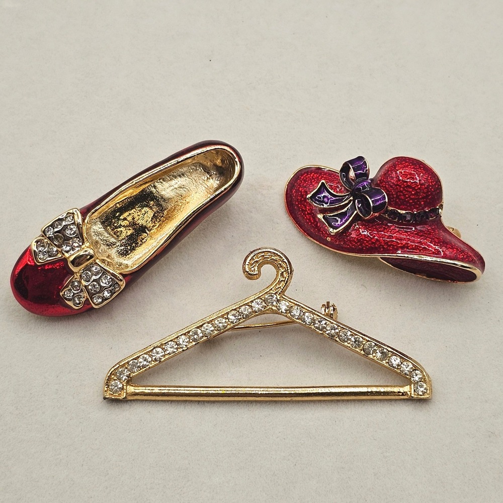 Vintage Brooch Pin Lot 3pc Gold Tone Rhinestone Fashion Shopping Theme Red Shoe